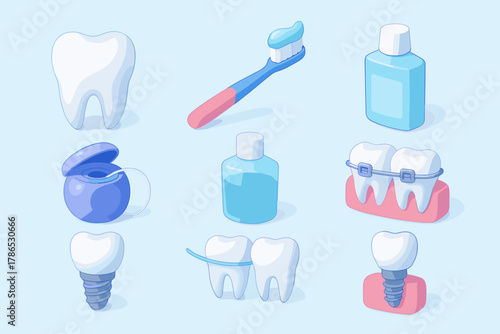 Isometric Dental Hygiene Icons – Toothbrush, Mouthwash, and Braces Care