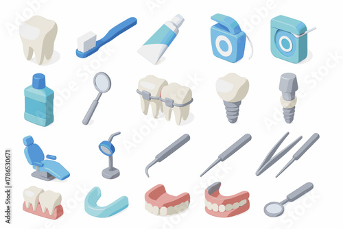 Isometric Dental Care Icons – Toothbrush, Tools, and Oral Hygiene Set