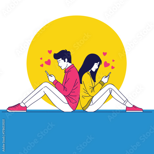 Couple sitting back to back on a blue surface with a large yellow circle behind them, engrossed in their phones, surrounded by hearts vector illustration