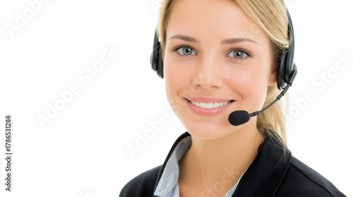 Call center, young woman and smile in contact us with CRM, headset with mic and mockup space. Customer service consultant, happy female and telemarketing with sales and help desk.