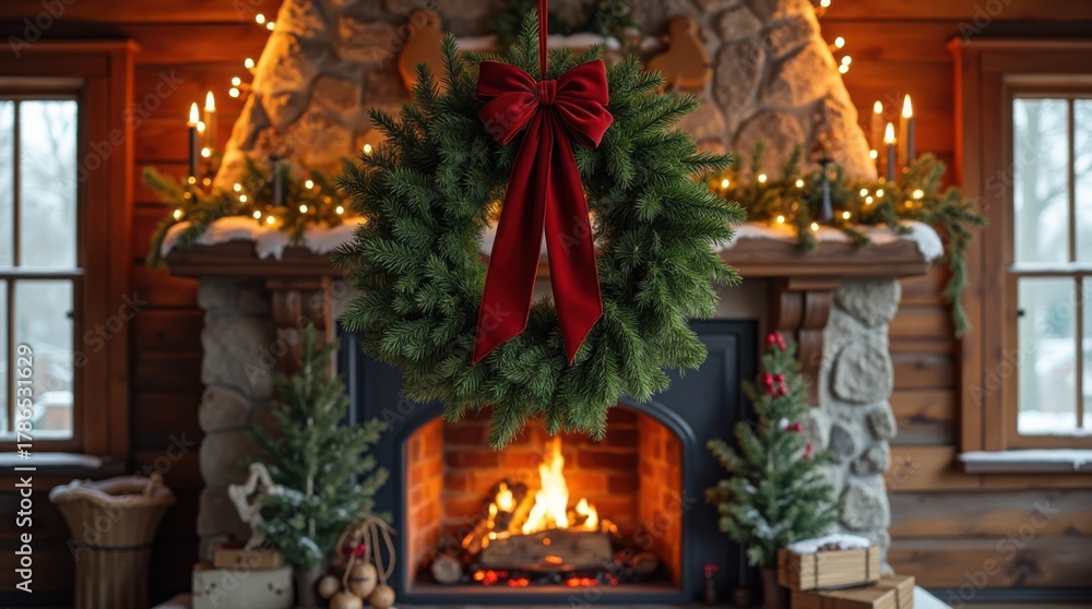 Obraz premium Velvet ribbon tied fir wreath hanging above glowing mantel snowy hearth