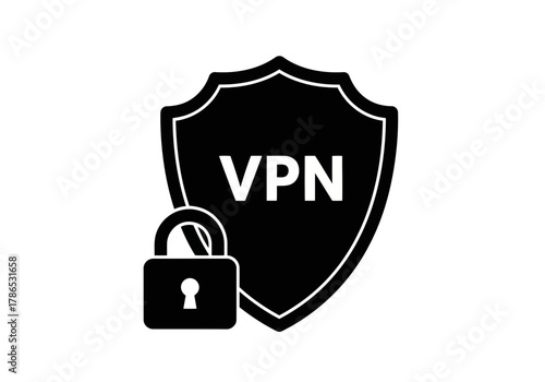 A stylish solid black shield icon displaying vpn text with a large padlock symbol on a white surface for security reasons