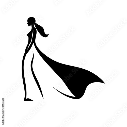 Silhouette of a fashionable woman in a flowing gown with a ponytail on a white presentation surface is visible