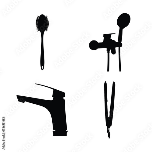 Black silhouettes of common household items including a shower, kitchen faucet, cleaning brush, and hair tool