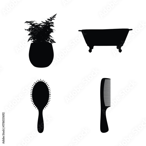 Collection of household and bathroom item silhouettes featuring a potted fern, bathtub, hairbrush, and comb