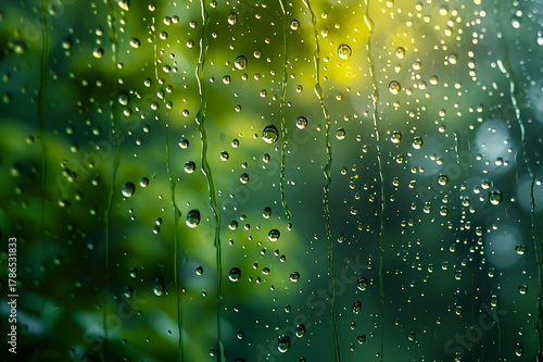 Raindrops on window with blurred green background