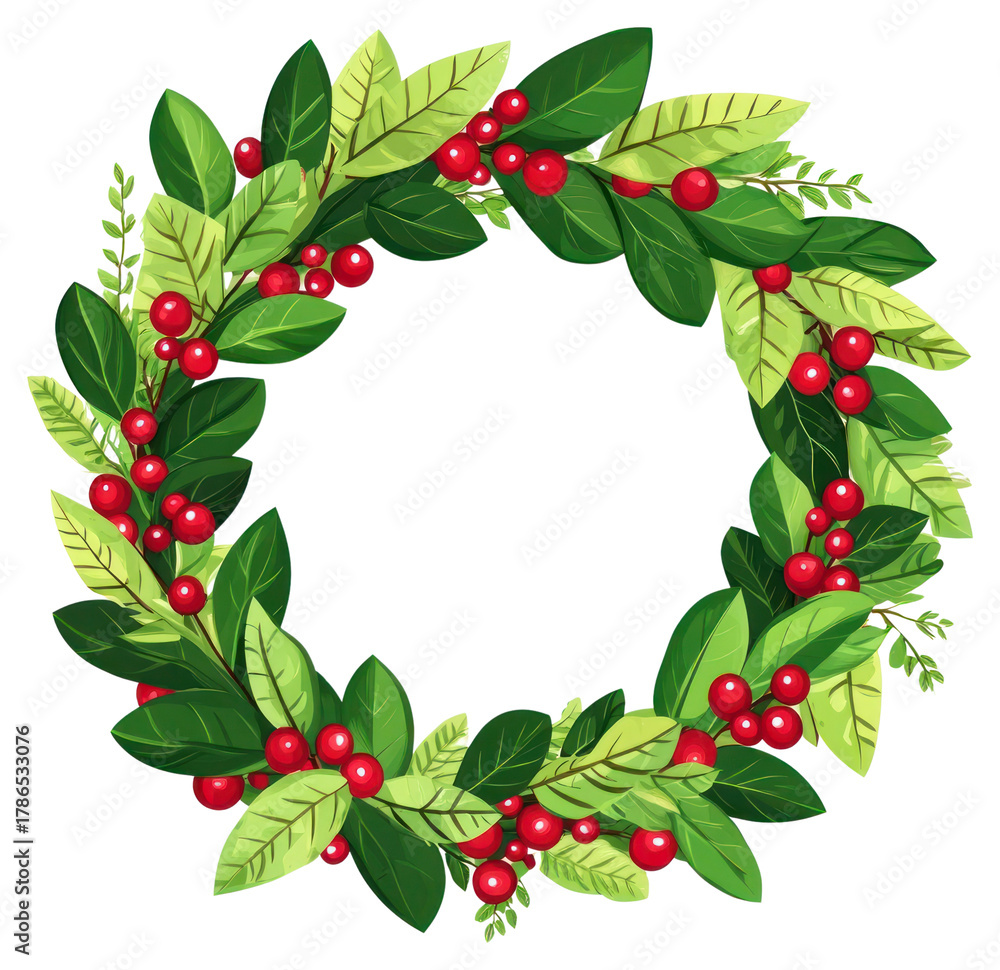 Fototapeta premium PNG Stylish Christmas wreath with red berries and green leaves leaf christmas traditional.