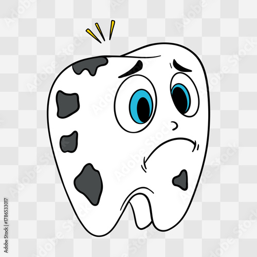 Hand-drawn illustration of sad tooth with cavities and dark spots. Cute dental character tooth decay and pain, poor dental hygiene and oral problems