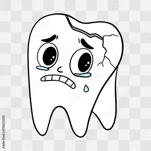Hand-drawn illustration of sad cracked tooth with visible fracture line. Cute dental character with pain and damage, broken enamel, dental trauma, or tooth injury