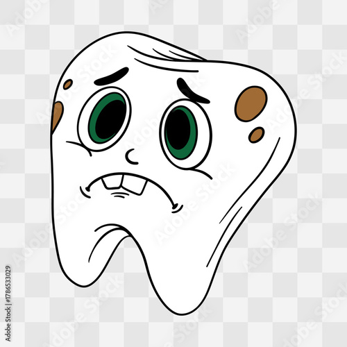 Hand-drawn illustration of sad tooth with stains and discoloration. Cute cartoon dental character poor oral hygiene, cavities, and tooth problems. Educational materials, dental clinics