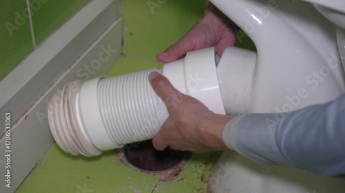 installing toilet corrugation, hands of a plumber installing a new corrugation to the toilet and connecting it to the sewer