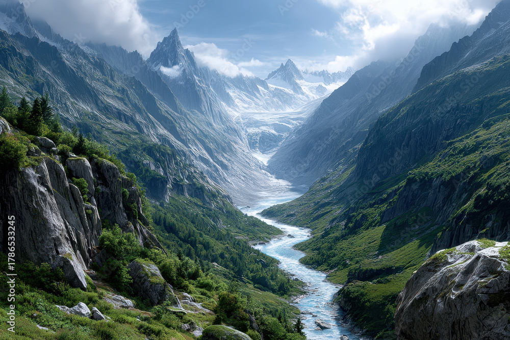 Fototapeta premium Majestic mountain valley with river flowing through during a clear day
