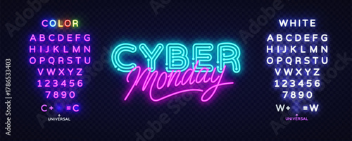 Bright Cyber Monday neon lettering with full typeface sets on both sides, ideal for editing text and designing promo graphics. Vector illustration