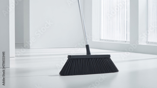 Wallpaper Mural Black broom standing on clean white minimalist floor Torontodigital.ca
