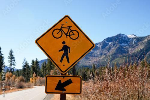 Diamond-shaped warning sign featuring black bicycle and pedestrian icons stands above a smaller black arrow pointing left, mounted on a metal pole against a backdrop of tall pine trees and a mountain.