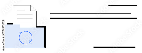 Folder containing a document with circular arrows indicating synchronization. Ideal for organization, backup, data sharing, automation, digital storage, technology, communication. Simple flat