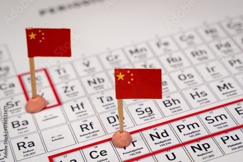 Canvas Print China flags marking critical rare earth elements on a periodic table, representi