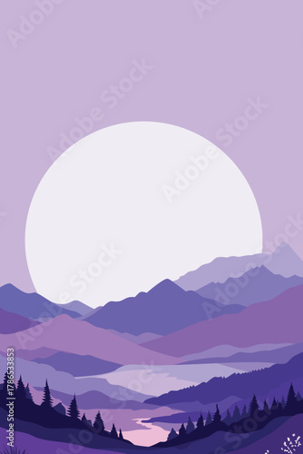 Minimalist landscape illustration in purple tones showing mountains, pine trees, and a large rising sun. Peaceful scenery representing nature, calm, and serenity.