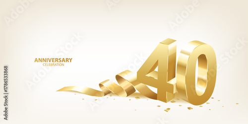40th Anniversary celebration background. 3D Golden numbers with ribbon and confetti.