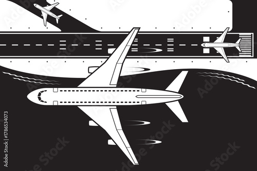 Passenger plane flying over an airport by the sea - vector illustration
