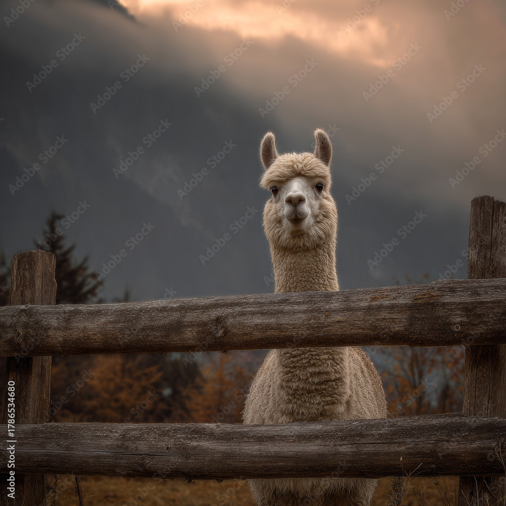 Naklejka premium Cute alpaca looking over wooden fence in mountains