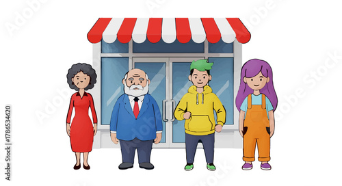 Diverse Team Standing Before Local Storefront

