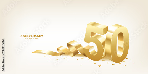 50th Anniversary celebration background. 3D Golden numbers with ribbon and confetti.
