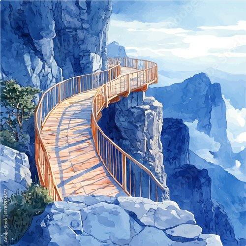 watercolor of Tianmen Mountain Skywalk, vector, isolated on a white background.
