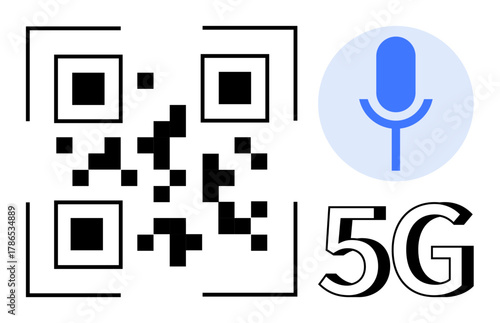 QR code, microphone icon in blue circle, bold 5G text. Ideal for technology, communication, innovation, wireless tech, mobile development voice recognition future concepts. Simple flat metaphor