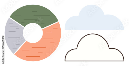 Multicolored segmented circle symbolizing data distribution next to outlined and filled cloud figures. Ideal for data visualization, cloud computing, weather, technology, sharing, innovation, simple