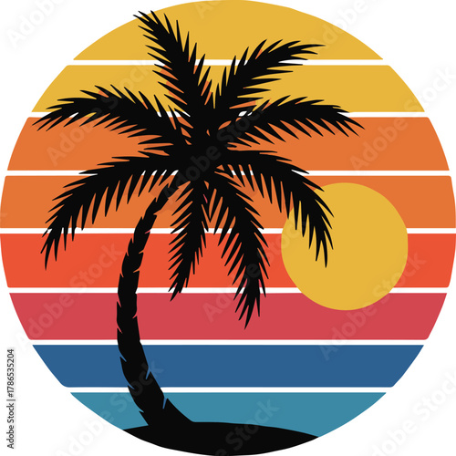 sunset palm beach ocean vector circle stripe retro travel emblem