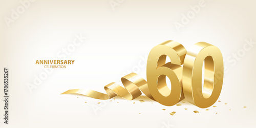 60th Anniversary celebration background. 3D Golden numbers with ribbon and confetti.