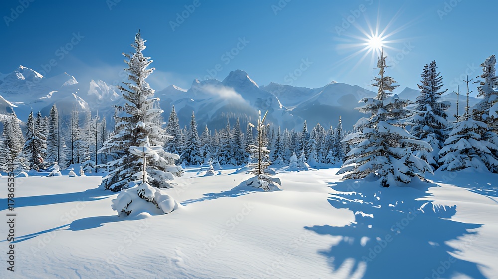 Fototapeta premium Snow-covered pine forest with mountain backdrop