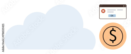 Large blue cloud with a financial dollar icon and an error window popup. Ideal for technology, cloud services, error management, digital finance, data storage, online issues, IT risks. Simple flat