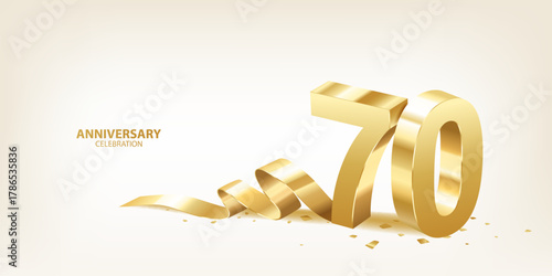 70th Anniversary celebration background. 3D Golden numbers with ribbon and confetti.