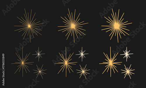 Set of hand drawn flat sparkles, sparklers, fireworks, explosion, stars, glow. Holiday, New Year elements, Christmas star. Isolated vector illustration EPS10