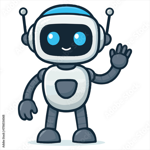Friendly AI Robot – Cartoon Humanoid with Blue Accents & Waving Gesture
