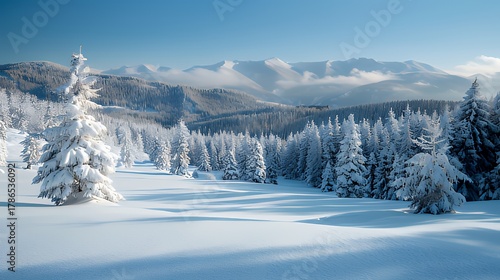 Wallpaper Mural Snow-covered pine forest with mountain backdrop Torontodigital.ca