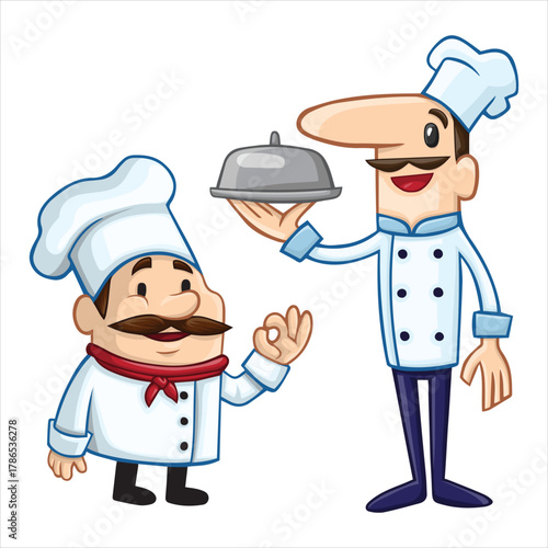 Funny Chef Duo – Cartoon Culinary Characters with Mustaches & Serving Dish