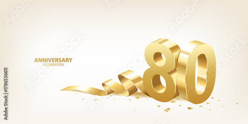 80th Anniversary celebration background. 3D Golden numbers with ribbon and confetti.