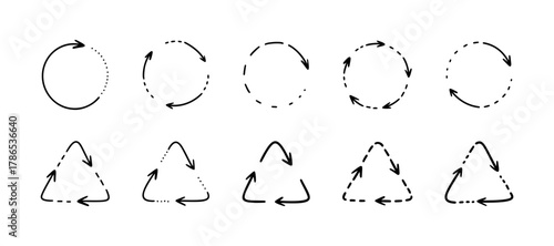Set of doodle handwriting recycle symbols. Circle round arrow sign. Hand drawn reuse repeat cycle icon. Crayon vector line ecology drawing. Refresh; reset; download scribble illustration