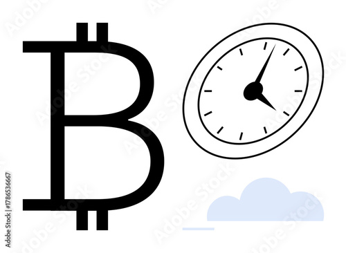 Large Bitcoin sign near clock with hands and cloud. Ideal for cryptocurrency, finance, trading, investment, technology, time, innovation. Minimalist flat style and simple flat metaphor
