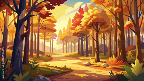 Very beautiful forest panorama with warm autumn sunlight shining through colorful trees on a clear day, featuring golden foliage, long soft shadows, and a realistic serene woodland atmosphere.