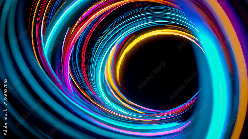 Fototapeta premium Colorful abstract swirl vibrant light tunnel spiral rainbow motion blur dynamic artistic bright concentric circles digital art visual effect