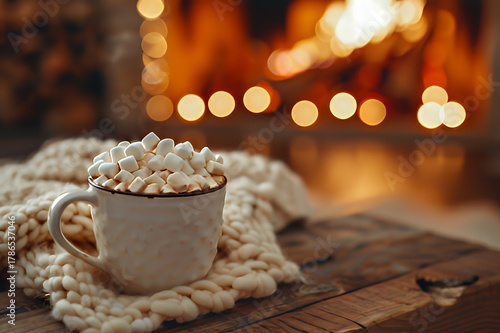 Cup of hot chocolate with marshmallows by cozy fireplace