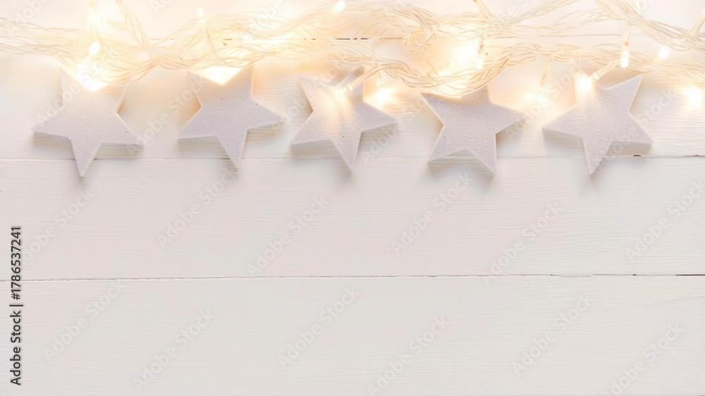 Video of flickering christmas star garland on white wood background