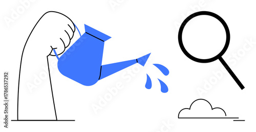 Hand holding watering can, watering soil with magnifying glass beside it. Ideal for growth, research, analysis, nurturing, development, progress teamwork themes. Simple flat metaphor