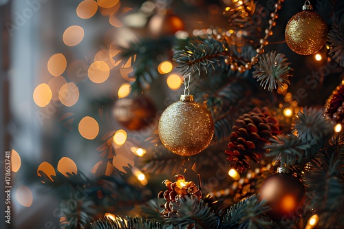 Golden Christmas ornament on decorated tree with warm lights
