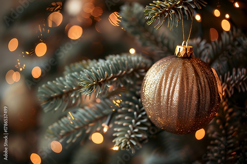 Golden Christmas ornament on decorated tree with warm lights