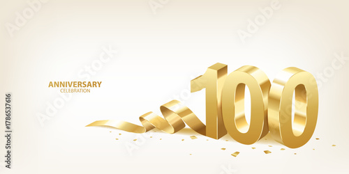 100th Anniversary celebration background. 3D Golden numbers with ribbon and confetti.